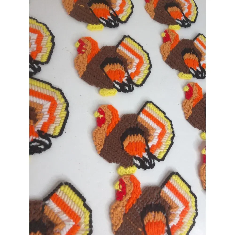 Vintage Plastic Canvas Needlepoint Thanksgiving Holiday Coasters Caddy Set of 12